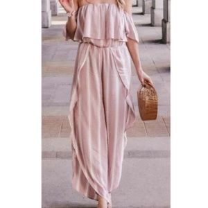 American Eagle blush pink and white striped jumpsuit